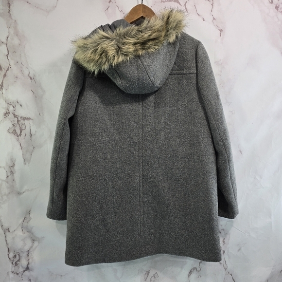 J Crew Coat Womens Medium 8 Gray Wool Blend Vail Parka Pea Zip Faux Fur Hood - Picture 5 of 13